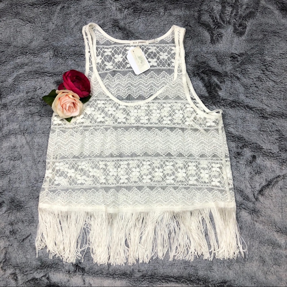 Bohemian Style Blu Pepper Cream Lace Fringed Tank Top size Small - Picture 2 of 7
